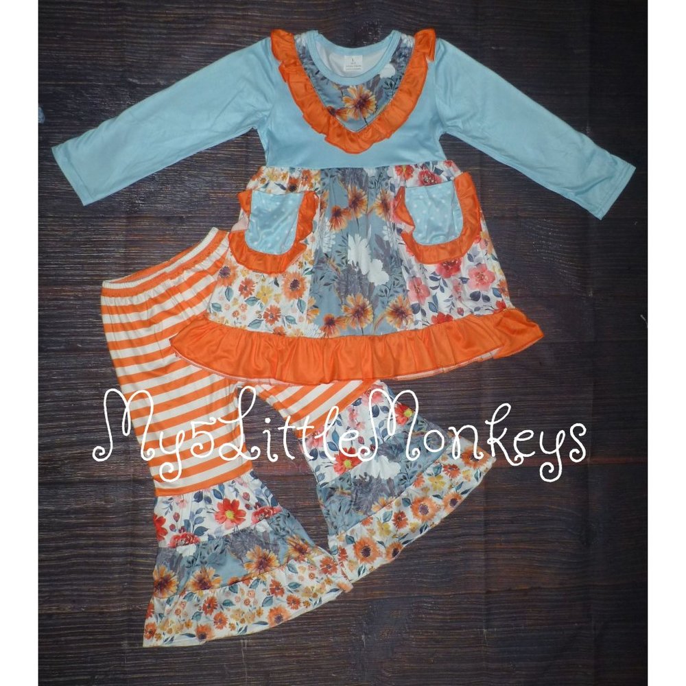 Boutique Floral Orange Tunic Dress Ruffle Leggings Outfit Set